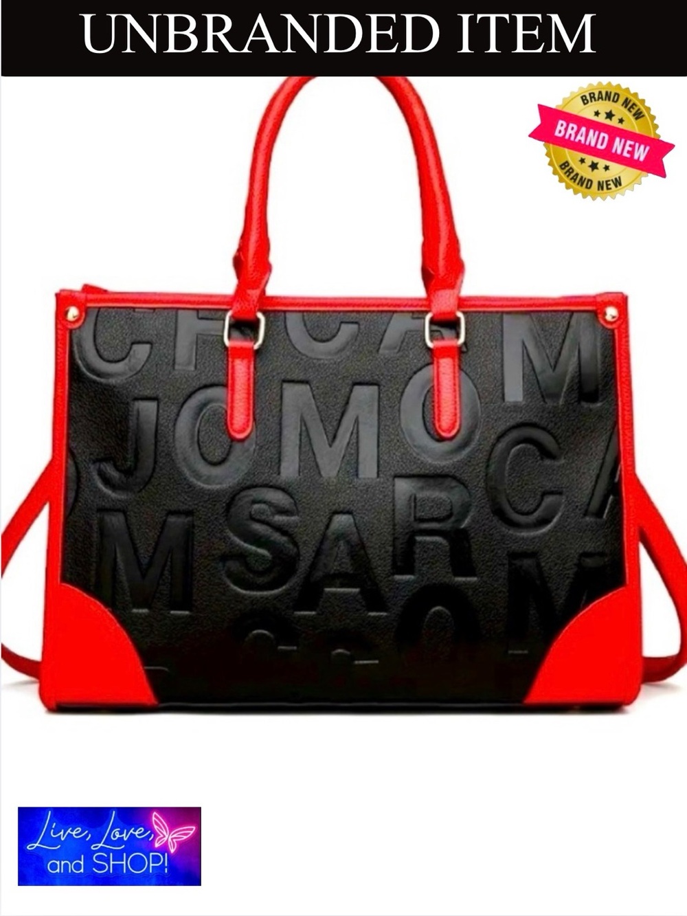 PURSE: Black/Red Geometric Embossed Lettering & Painted Edging Tote, NWOT